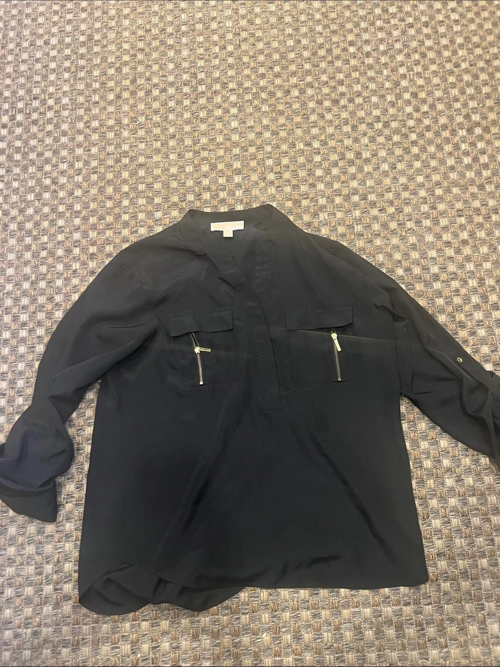Michael Kors Black Long-Sleeve Button-Down Shirt with Gold Zippers large